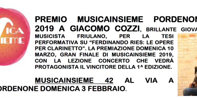 Giacomo Cozzi vincitore del Premio MusicaInsieme 2019 di Pordenone